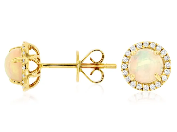 Earrings ROYAL JEWELRY MFG INC Royal 14K Yellow Gold 116ctw Halo Style Round Cabochon Opal and Diamond Earrings Earrings ROYAL JEWELRY MFG INC Royal 14K Yellow Gold 116ctw Halo Style Round Cabochon Opal and Diamond Earrings