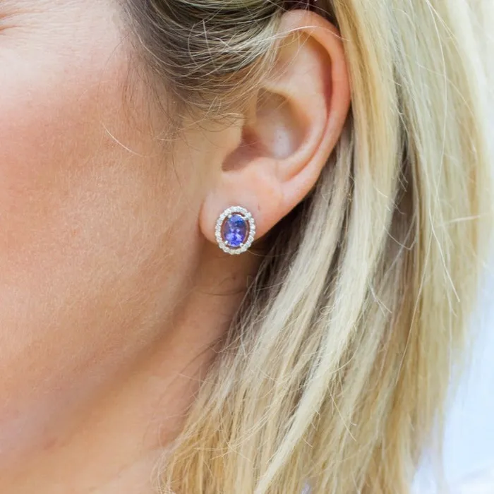 Earrings Vintage Magnality Vintage Oval Tanzanite Diamond Halo Earrings 14K White Gold