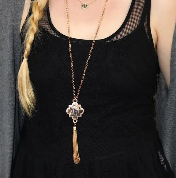 Engraved Jewelry Necklaces Engraved Fashion Quatrefoil Tassel Necklace