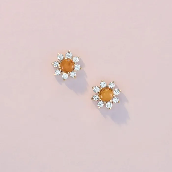 Flower Power Natural Citrine Diamond Stud Earrings Solid 14K Yellow White Rose Gold 302 Fine Jewelry Earrings