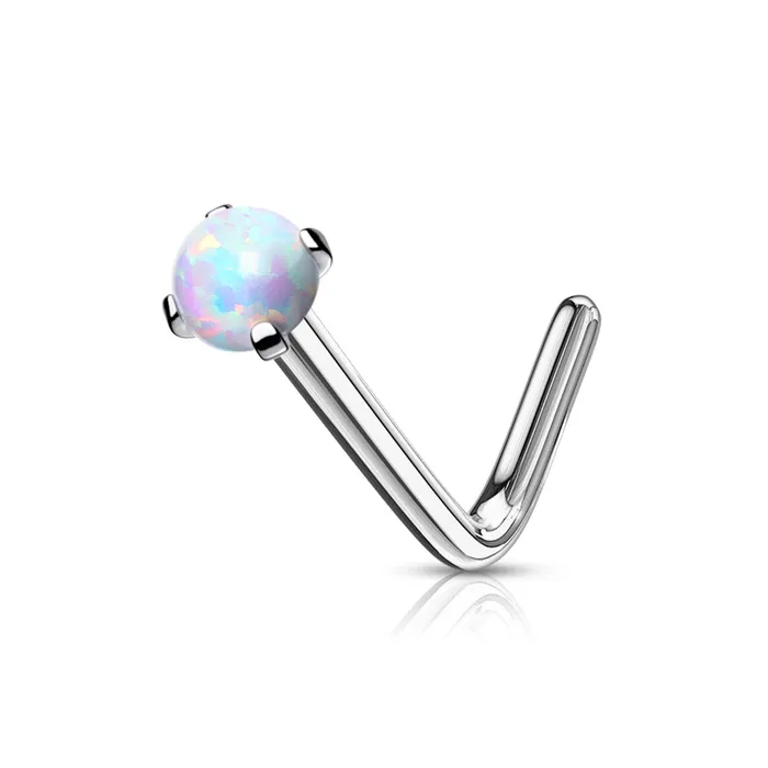 Glitters 316L Surgical Steel L Bend Nose Stud Opal White Earrings