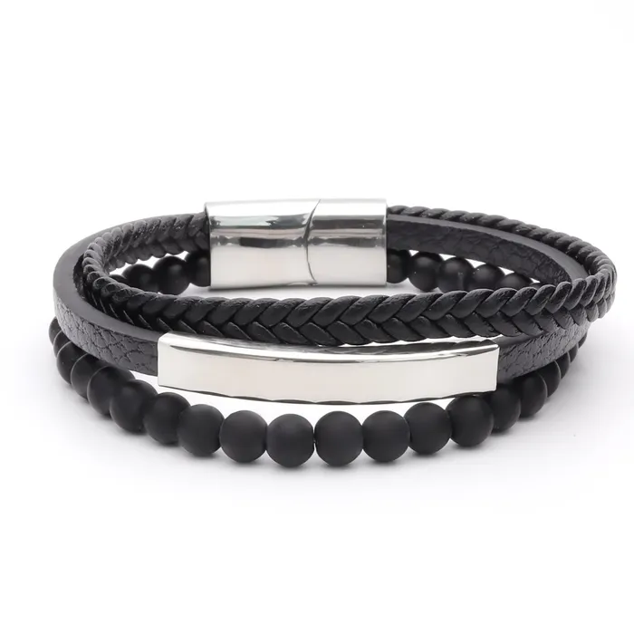 Glitters Black Beads Multilayer Leather Bracelet with Stainless Steel ID Plate Bracelets Glitters Black Beads Multilayer Leather Bracelet with Stainless Steel ID Plate Bracelets