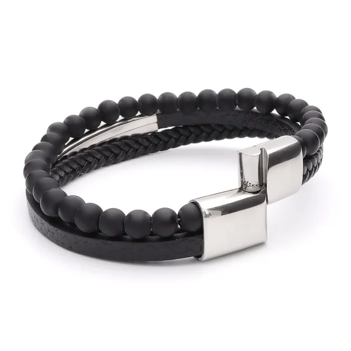 Glitters Black Beads Multilayer Leather Bracelet with Stainless Steel ID Plate Bracelets