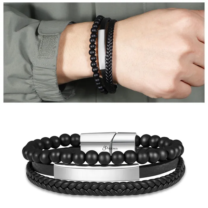 Glitters Black Beads Multilayer Leather Bracelet with Stainless Steel ID Plate Bracelets