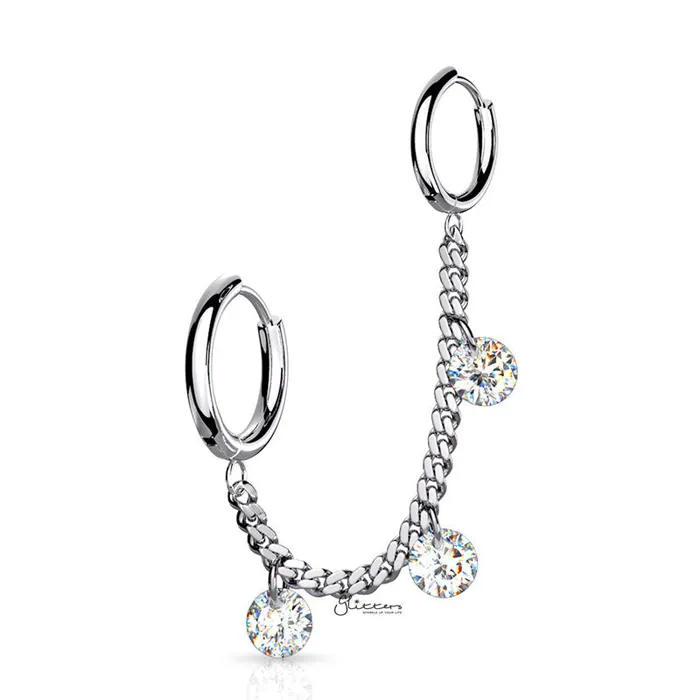 Glitters Earrings 3 CZ Dangle 316L Surgical Steel Chain Linked Ear Huggie Hoops Silver Glitters Earrings 3 CZ Dangle 316L Surgical Steel Chain Linked Ear Huggie Hoops Silver