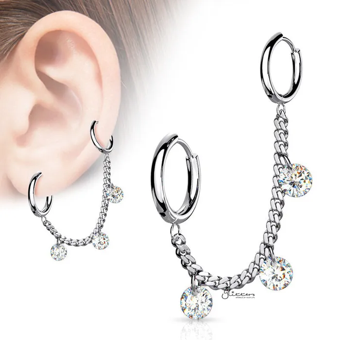 Glitters Earrings 3 CZ Dangle 316L Surgical Steel Chain Linked Ear Huggie Hoops Silver