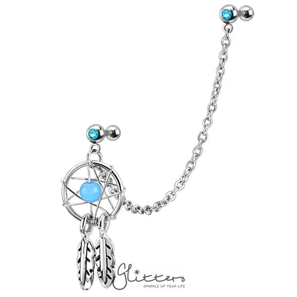 Glitters Earrings 316L Surgical Steel Chain Linked Dangle Dream Catcher with Double Gemmed TragusEar Cuffs