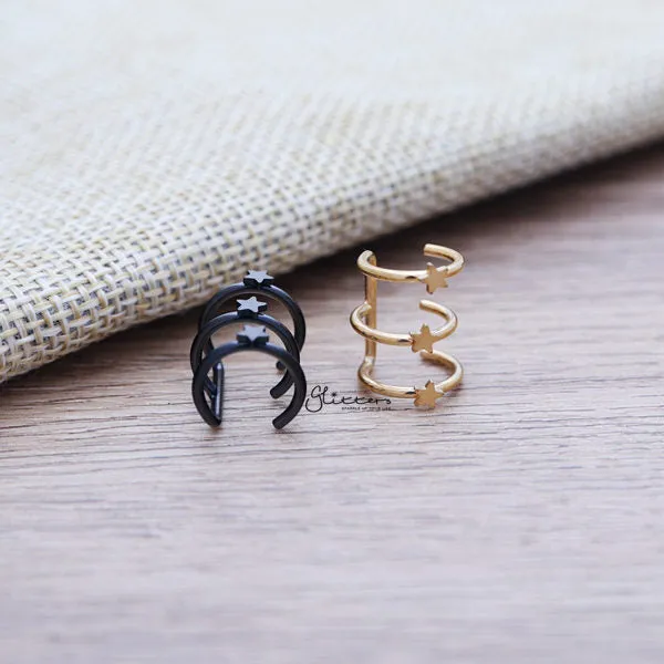 Glitters Earrings 316L Surgical Steel Triple Lines with Stars on the top Ear Cuffs Non Piercing Minimalist Ear Cuffs Glitters Earrings 316L Surgical Steel Triple Lines with Stars on the top Ear Cuffs Non Piercing Minimalist Ear Cuffs