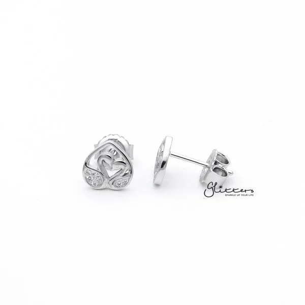Glitters Earrings Sterling Silver CZ Paved Swans Womens Stud Earrings