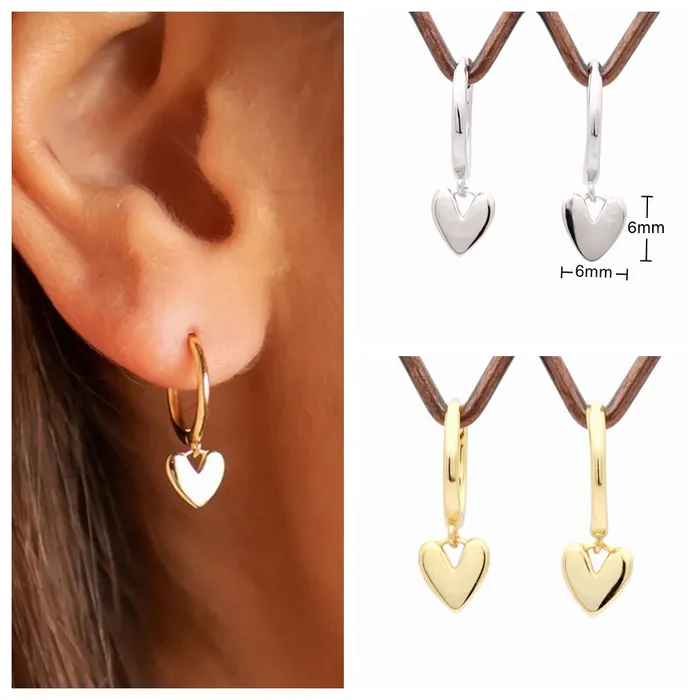 Glitters Earrings Sterling Silver Dangle Heart Huggie Hoop Earrings