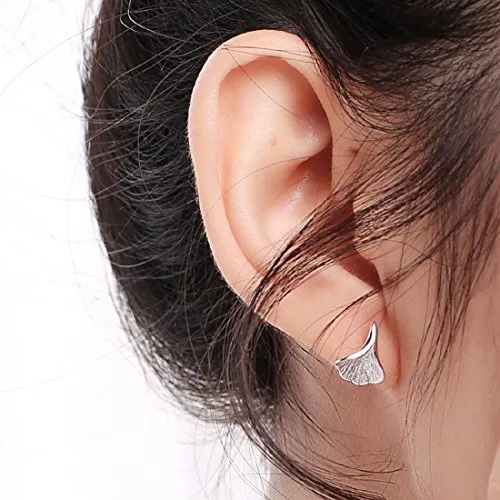 Glitters Earrings Sterling Silver Small Ginkgo Leaves Stud Earrings