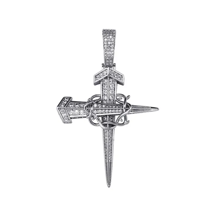 Glitters Necklaces Iced Out Nail Cross with Chain Pendant Silver