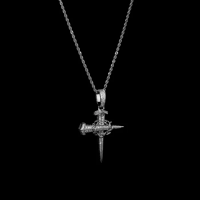 Glitters Necklaces Iced Out Nail Cross with Chain Pendant Silver