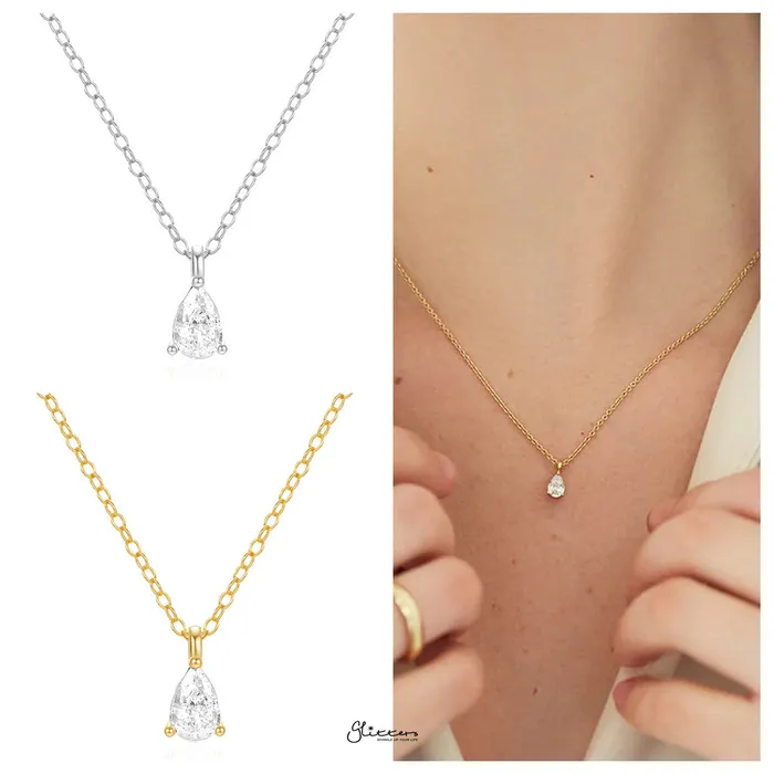 Glitters Necklaces Sterling Silver Tear Drop CZ Charm Necklace Gold