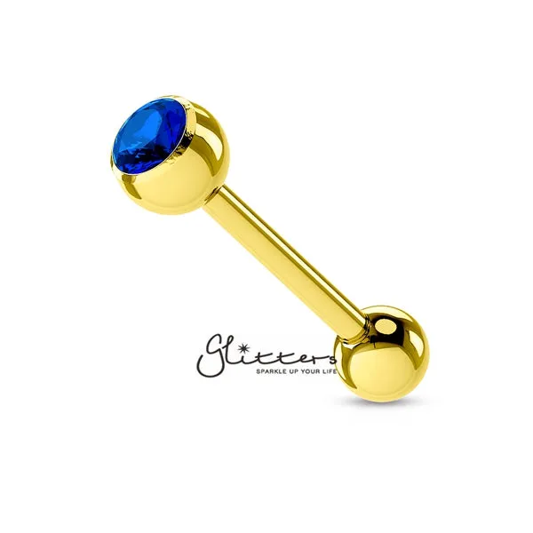 Glitters PreStyled Sets 18K Gold IP Over Surgical Steel Tongue Bar with Single Blue Crystal