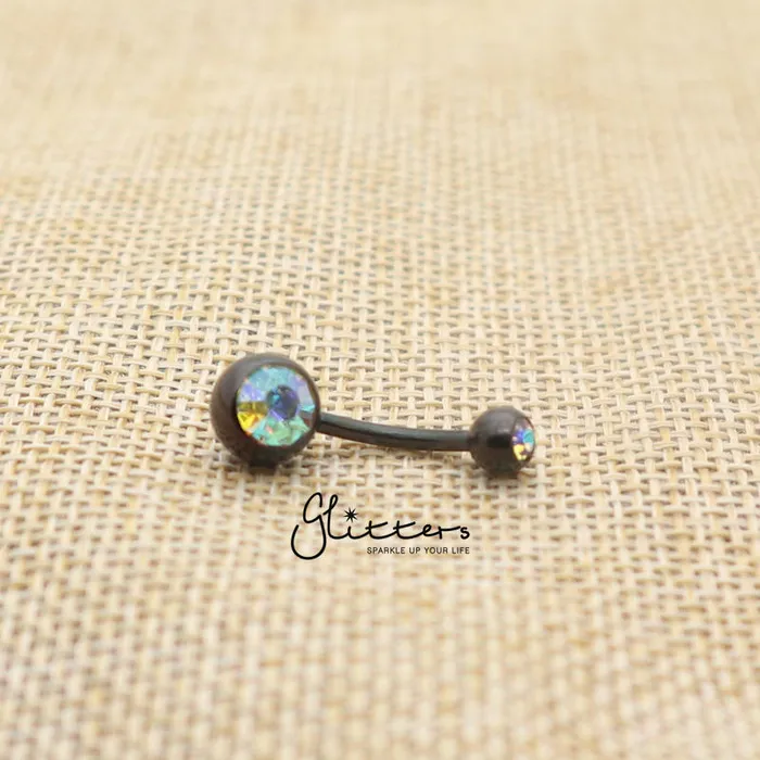 Glitters Rings Black Titanium IP Surgical Steel Double Gem Belly Button Ring AB Glitters Rings Black Titanium IP Surgical Steel Double Gem Belly Button Ring AB