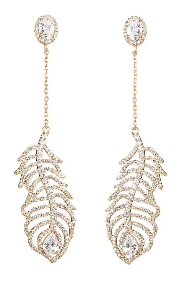 Golden Peacock Feather Earrings Eye Candy LA Earrings