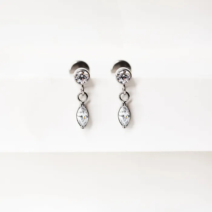 Grayling Earrings Double Drop Bezel Set Crystal Titanium Flat Back Sleeper Earrings