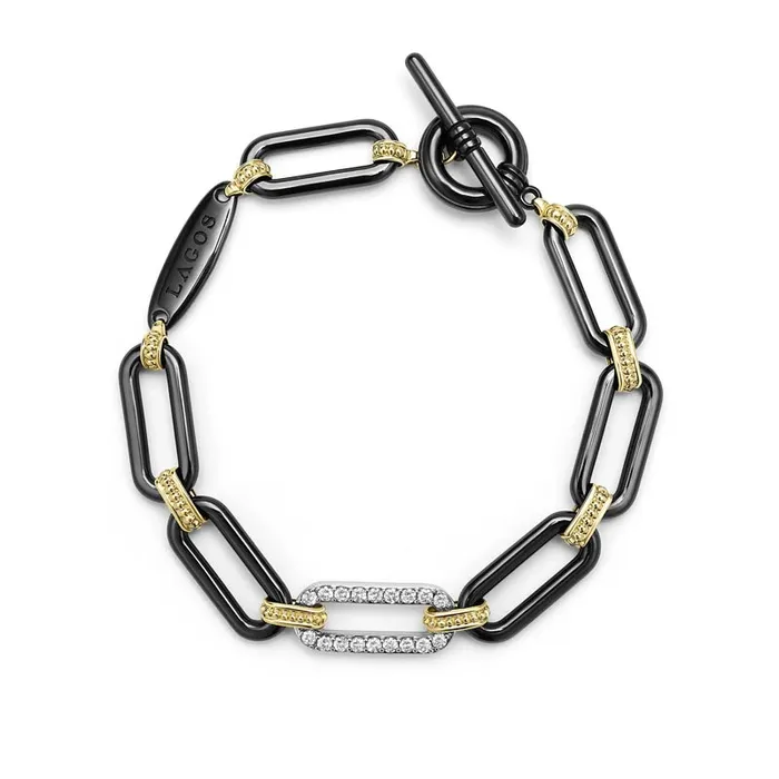 LAGOS Bracelets Signature Caviar 18K Gold and Black Ceramic Diamond Station Link Bracelet 10mm LAGOS Bracelets Signature Caviar 18K Gold and Black Ceramic Diamond Station Link Bracelet 10mm