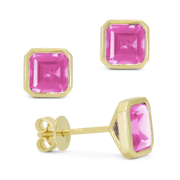 MADISON L Earrings Madison L 14K Yellow Gold 250ctw Solitaire Bezel Style Emerald Cut Created Pink Corundum Earrings MADISON L Earrings Madison L 14K Yellow Gold 250ctw Solitaire Bezel Style Emerald Cut Created Pink Corundum Earrings