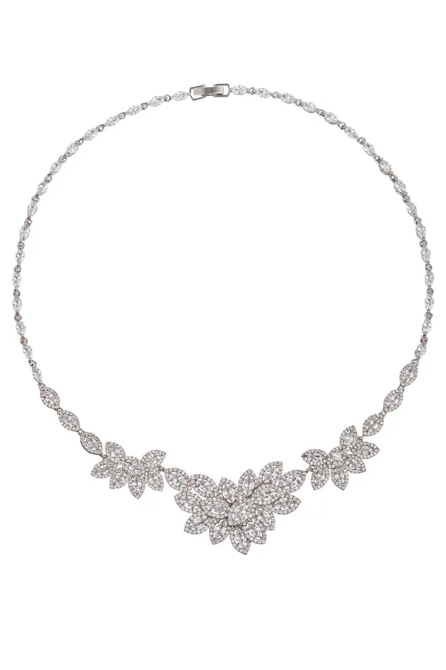 Necklaces Eye Candy LA Silver Leaf Sparkly CZ Necklace