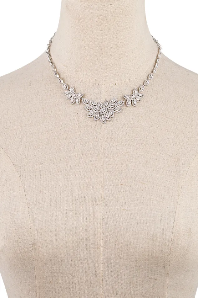 Necklaces Eye Candy LA Silver Leaf Sparkly CZ Necklace
