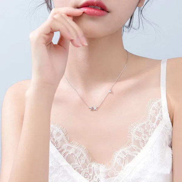 Necklaces Glitters 925 Sterling Silver CZ Double Stars Necklace with 43cm Chain