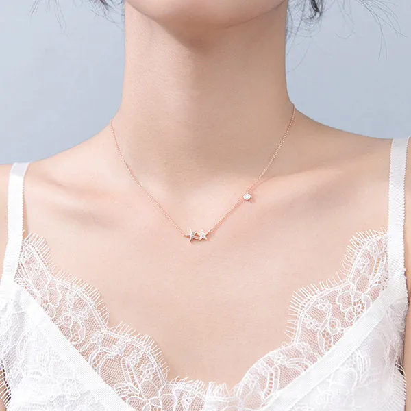 Necklaces Glitters 925 Sterling Silver CZ Double Stars Necklace with 43cm Chain
