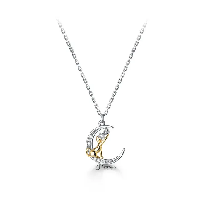 Necklaces Glitters Sterling Silver Cat on the Moon Necklace