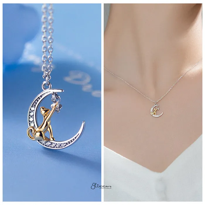 Necklaces Glitters Sterling Silver Cat on the Moon Necklace