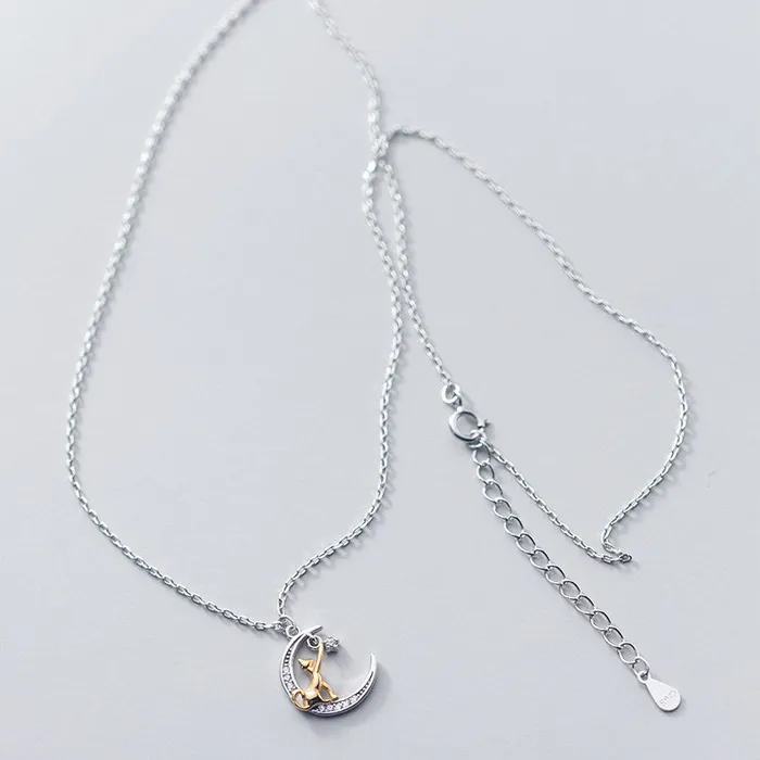 Necklaces Glitters Sterling Silver Cat on the Moon Necklace