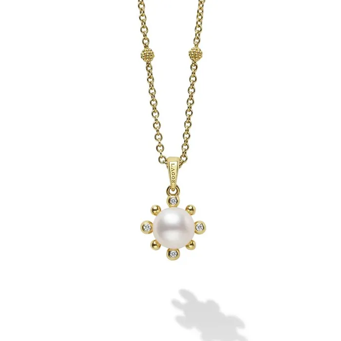 Necklaces Luna 18K Gold Fleur Pearl Diamond Pendant Necklace LAGOS