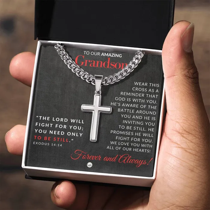 Necklaces ShineOn Fulfillment Gift For Our Grandson Exodus 1414 Christian Encouragement Christian Cross Pendant on Mens Chain Necklace Great for Christmas His Birthday Baptism or Confirmation