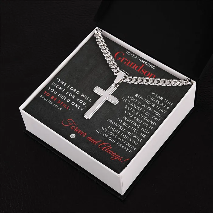 Necklaces ShineOn Fulfillment Gift For Our Grandson Exodus 1414 Christian Encouragement Christian Cross Pendant on Mens Chain Necklace Great for Christmas His Birthday Baptism or Confirmation