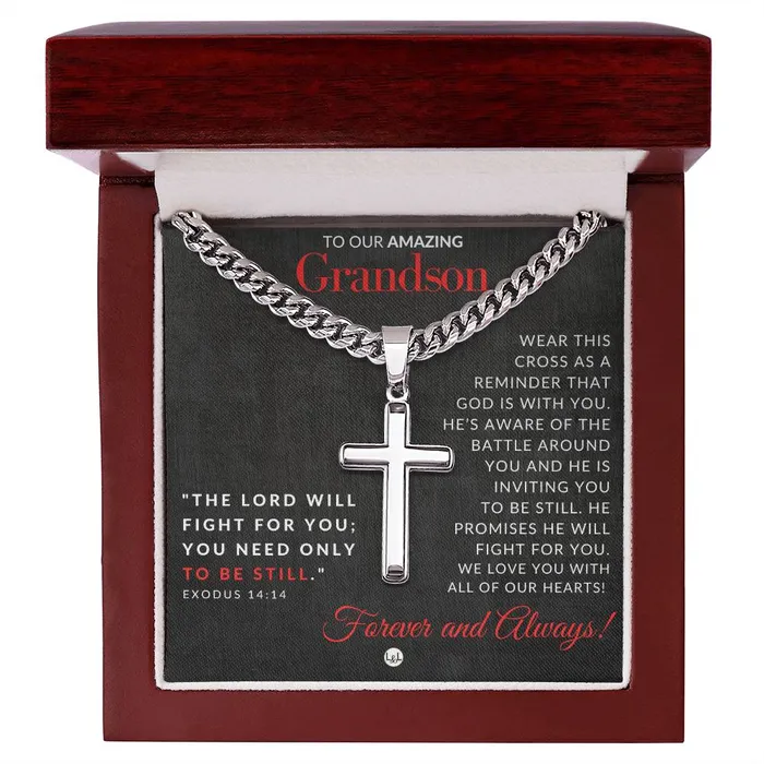 Necklaces ShineOn Fulfillment Gift For Our Grandson Exodus 1414 Christian Encouragement Christian Cross Pendant on Mens Chain Necklace Great for Christmas His Birthday Baptism or Confirmation