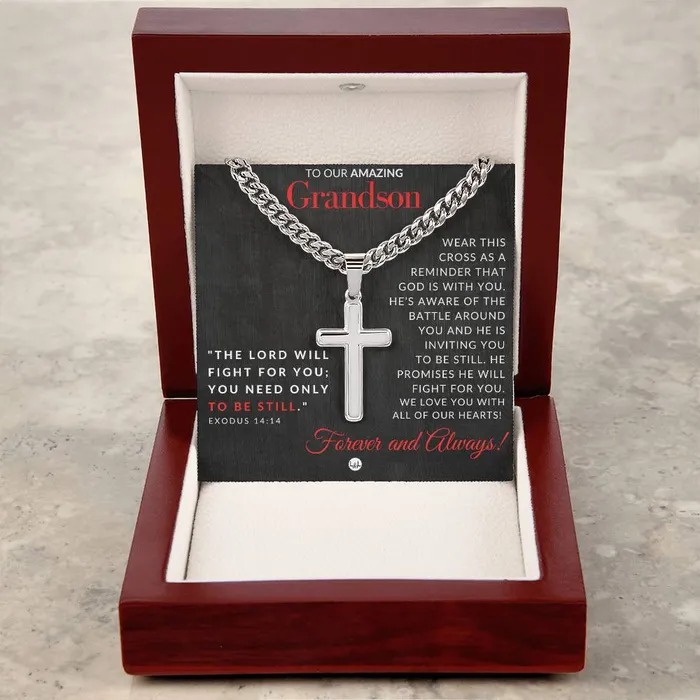 Necklaces ShineOn Fulfillment Gift For Our Grandson Exodus 1414 Christian Encouragement Christian Cross Pendant on Mens Chain Necklace Great for Christmas His Birthday Baptism or Confirmation