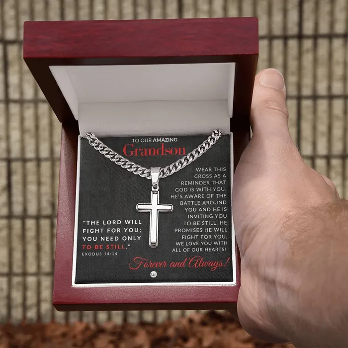 Necklaces ShineOn Fulfillment Gift For Our Grandson Exodus 1414 Christian Encouragement Christian Cross Pendant on Mens Chain Necklace Great for Christmas His Birthday Baptism or Confirmation