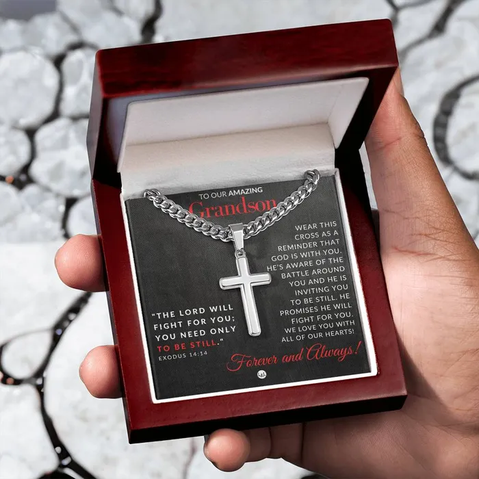 Necklaces ShineOn Fulfillment Gift For Our Grandson Exodus 1414 Christian Encouragement Christian Cross Pendant on Mens Chain Necklace Great for Christmas His Birthday Baptism or Confirmation