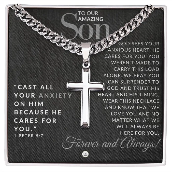 Necklaces ShineOn Fulfillment Gift For Our Son 1 Peter 57 Christian Encouragement Christian Cross Pendant on Mens Chain Necklace Great for Christmas His Birthday Baptism or Confirmation Necklaces ShineOn Fulfillment Gift For Our Son 1 Peter 57 Christian Encouragement Christian Cross Pendant on Mens Chain Necklace Great for Christmas His Birthday Baptism or Confirmation