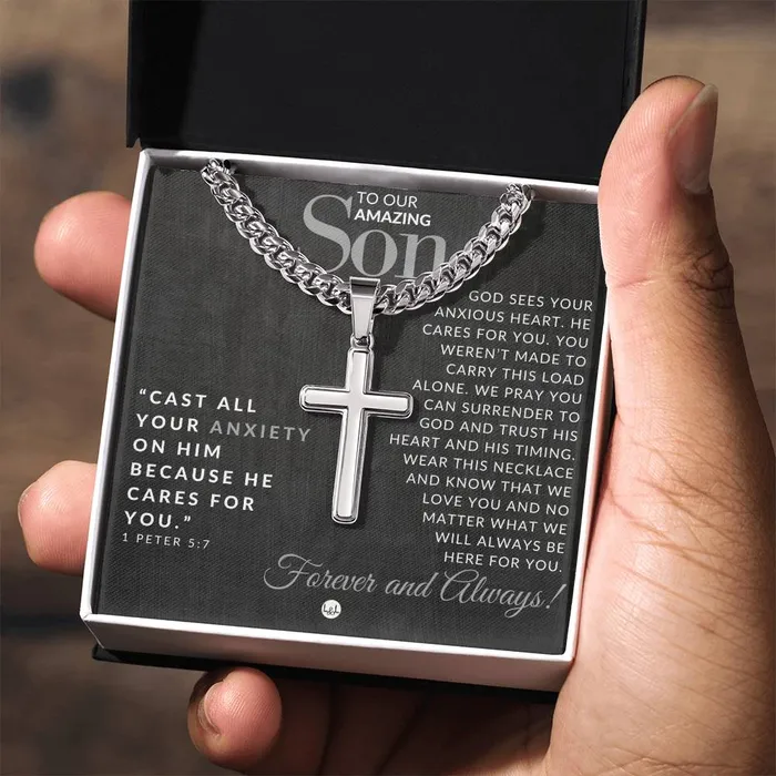 Necklaces ShineOn Fulfillment Gift For Our Son 1 Peter 57 Christian Encouragement Christian Cross Pendant on Mens Chain Necklace Great for Christmas His Birthday Baptism or Confirmation