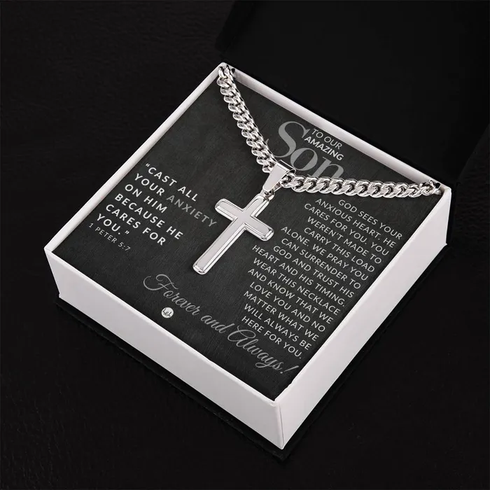 Necklaces ShineOn Fulfillment Gift For Our Son 1 Peter 57 Christian Encouragement Christian Cross Pendant on Mens Chain Necklace Great for Christmas His Birthday Baptism or Confirmation