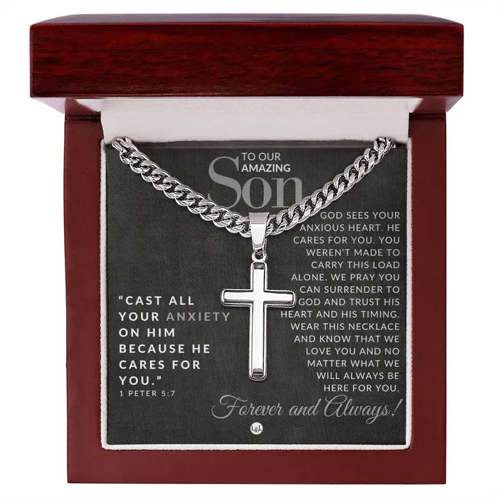Necklaces ShineOn Fulfillment Gift For Our Son 1 Peter 57 Christian Encouragement Christian Cross Pendant on Mens Chain Necklace Great for Christmas His Birthday Baptism or Confirmation