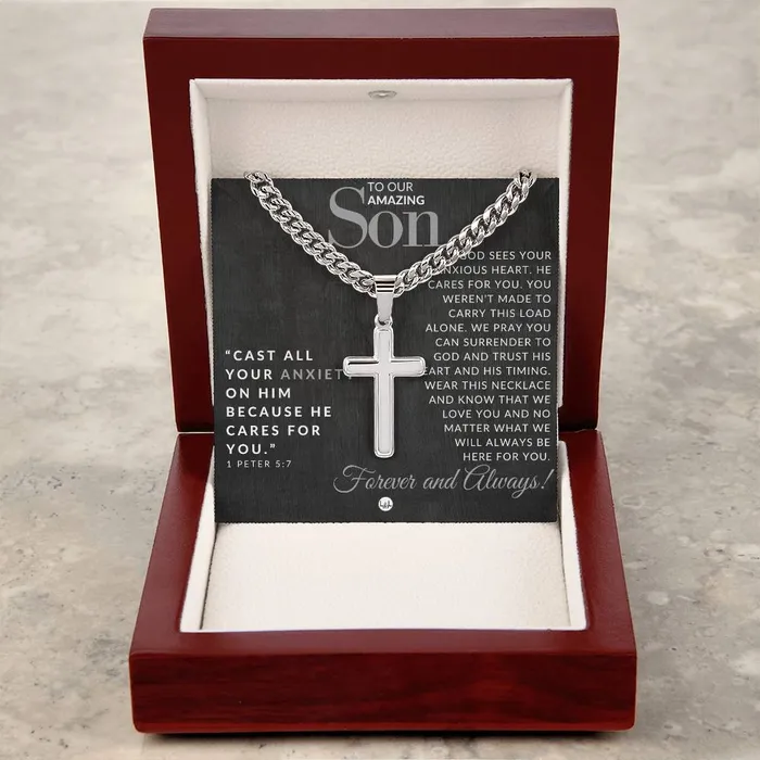 Necklaces ShineOn Fulfillment Gift For Our Son 1 Peter 57 Christian Encouragement Christian Cross Pendant on Mens Chain Necklace Great for Christmas His Birthday Baptism or Confirmation
