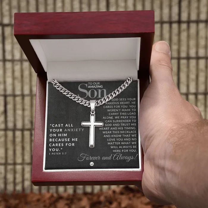 Necklaces ShineOn Fulfillment Gift For Our Son 1 Peter 57 Christian Encouragement Christian Cross Pendant on Mens Chain Necklace Great for Christmas His Birthday Baptism or Confirmation
