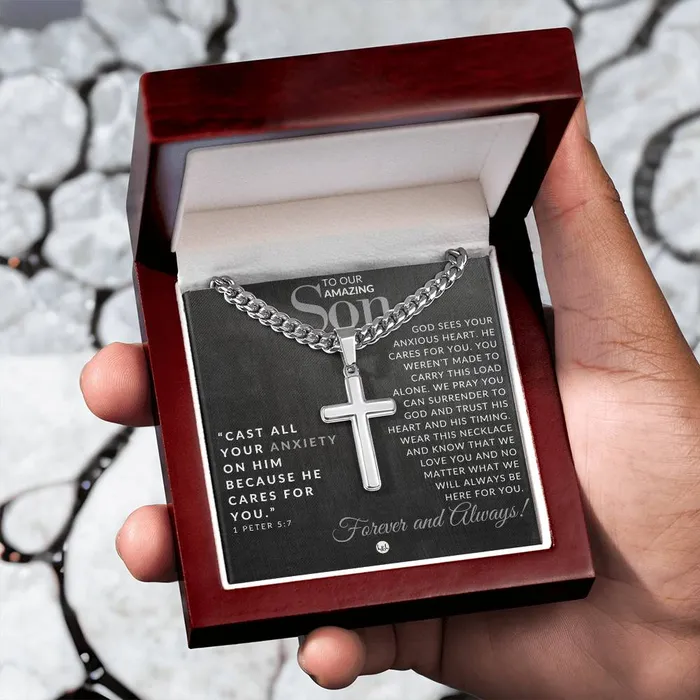 Necklaces ShineOn Fulfillment Gift For Our Son 1 Peter 57 Christian Encouragement Christian Cross Pendant on Mens Chain Necklace Great for Christmas His Birthday Baptism or Confirmation