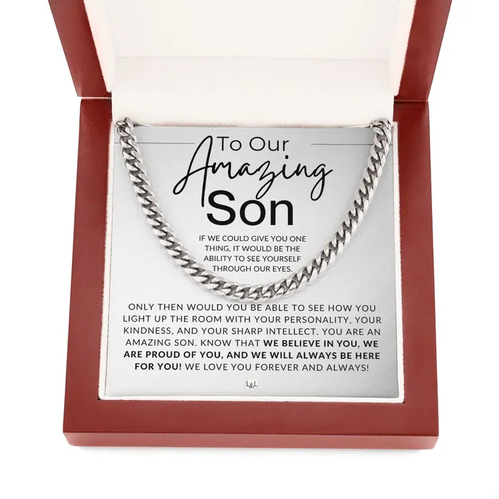 Necklaces ShineOn Fulfillment Through Our Eyes To Our Son Parents to Son Chain Necklace Gift Christmas Gifts Birthday Present Graduation Valentines Day