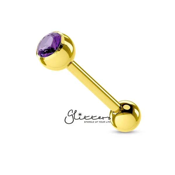 PreStyled Sets Glitters 18K Gold IP Over Surgical Steel Tongue Bar with Single Tanzanite Crystal PreStyled Sets Glitters 18K Gold IP Over Surgical Steel Tongue Bar with Single Tanzanite Crystal