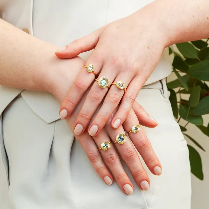 Rings 6x4mm EastWest Oval Aurora Ring Montana Sapphire in Yellow Gold Corey Egan