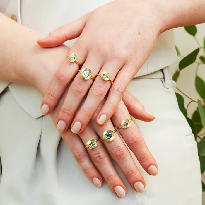 Rings 6x4mm EastWest Oval Aurora Ring Montana Sapphire in Yellow Gold Corey Egan