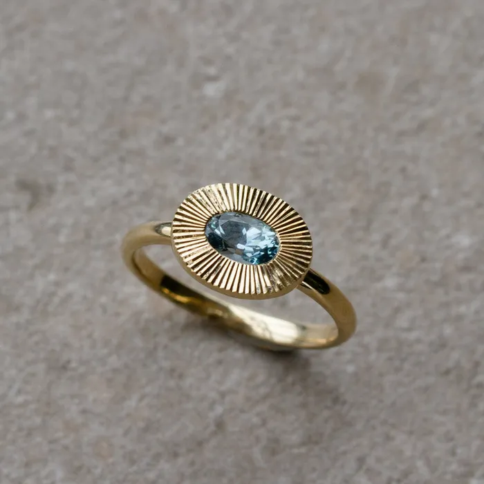 Rings 6x4mm EastWest Oval Aurora Ring Montana Sapphire in Yellow Gold Corey Egan